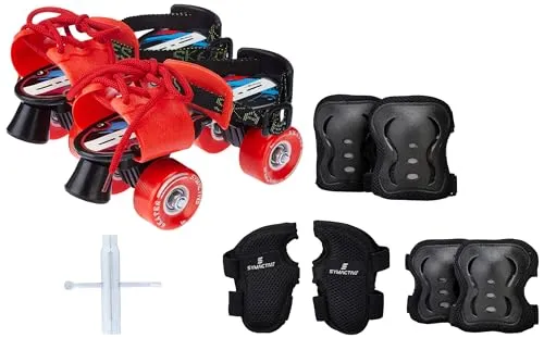 Amazon Brand - Symactive Roller Skates Combo Kit, Ultra-Durable, Adjustable, for 6 to 14 Years (Unisex, Red Skates with Knee Guard, Elbow Guard, Wrist Guard, Key)