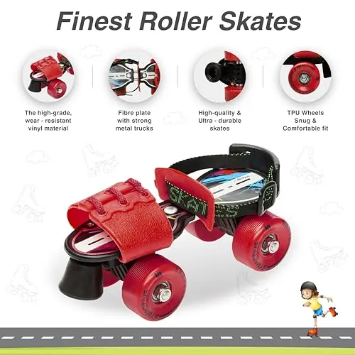 Amazon Brand - Symactive Roller Skates Combo Kit, Ultra-Durable, Adjustable, for 6 to 14 Years (Unisex, Red Skates with Knee Guard, Elbow Guard, Wrist Guard, Key)