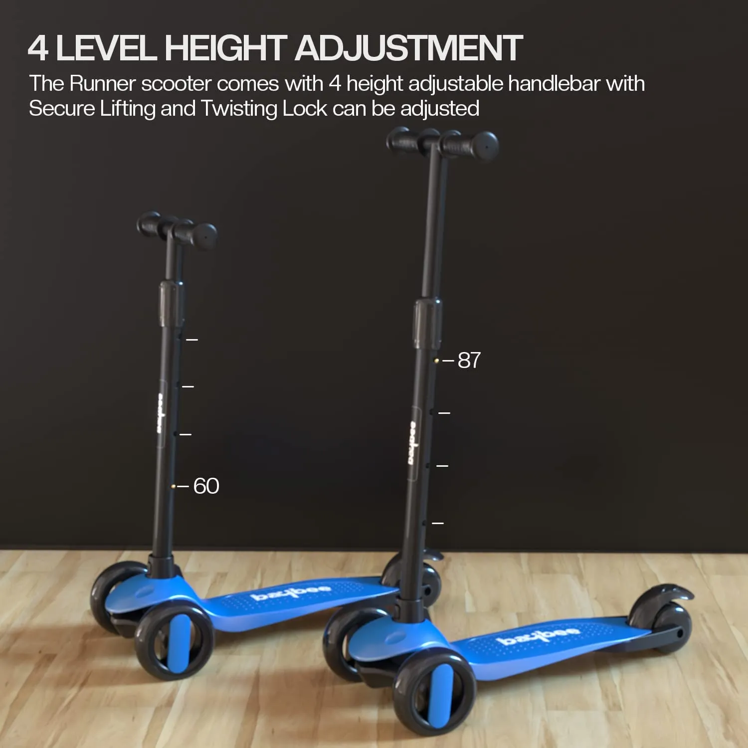 Baybee Alpha Kick Scooter for Kids, Smart 3 Wheel Kids Scooter with 4 Height Adjustable Handle, Runner Scooter with Led PU Wheels & Brake, Skate Scooter for Kids 3 to 10 Years Boys Girls (Blue)