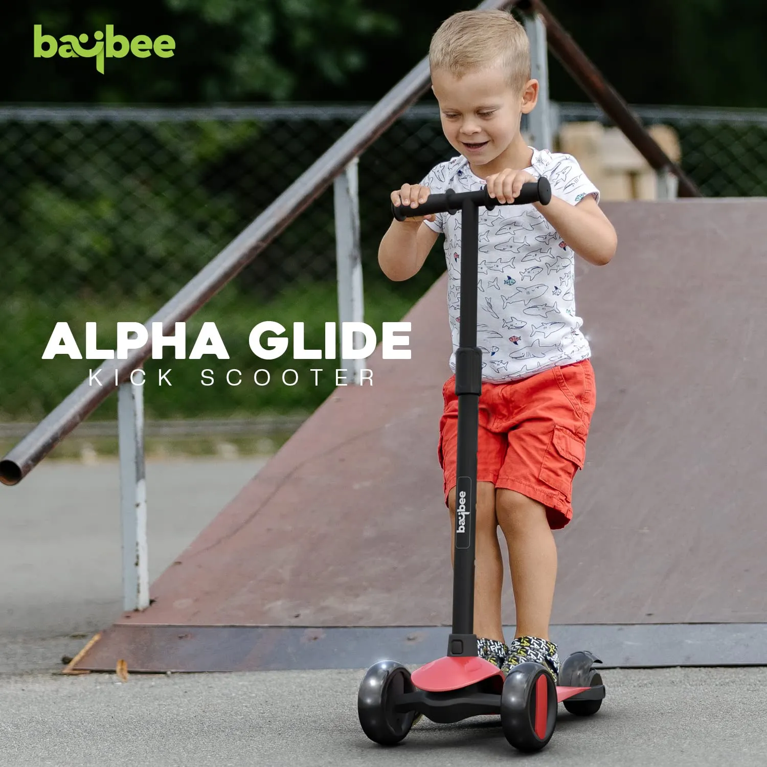 Baybee Alpha Kick Scooter for Kids, Smart 3 Wheel Kids Scooter with 4 Height Adjustable Handle, Runner Scooter with Led PU Wheels & Brake, Skate Scooter for Kids 3 to 10 Years Boys Girls (Red)