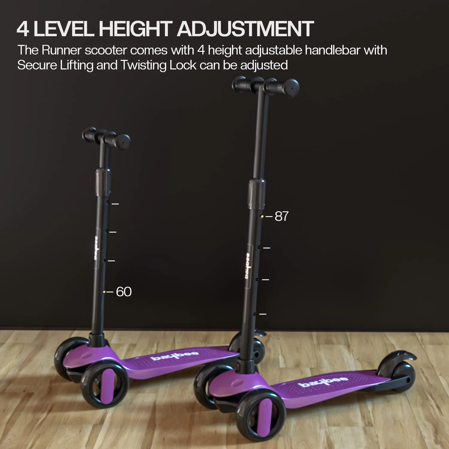 Baybee Alpha Kick Scooter for Kids, Smart 3 Wheel Kids Scooter with 4 Height Adjustable Handle, Runner Scooter with Led PU Wheels & Brake, Skate Scooter for Kids 3 to 10 Years Boys Girls (Violet)