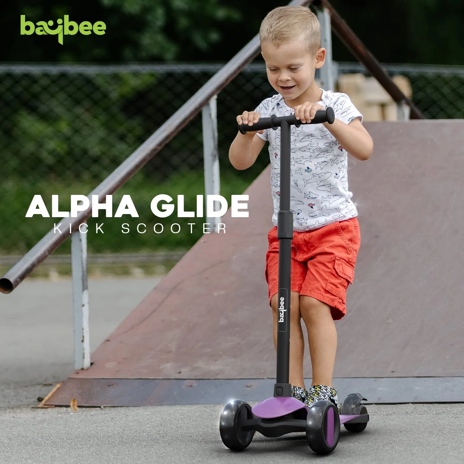 Baybee Alpha Kick Scooter for Kids, Smart 3 Wheel Kids Scooter with 4 Height Adjustable Handle, Runner Scooter with Led PU Wheels & Brake, Skate Scooter for Kids 3 to 10 Years Boys Girls (Violet)