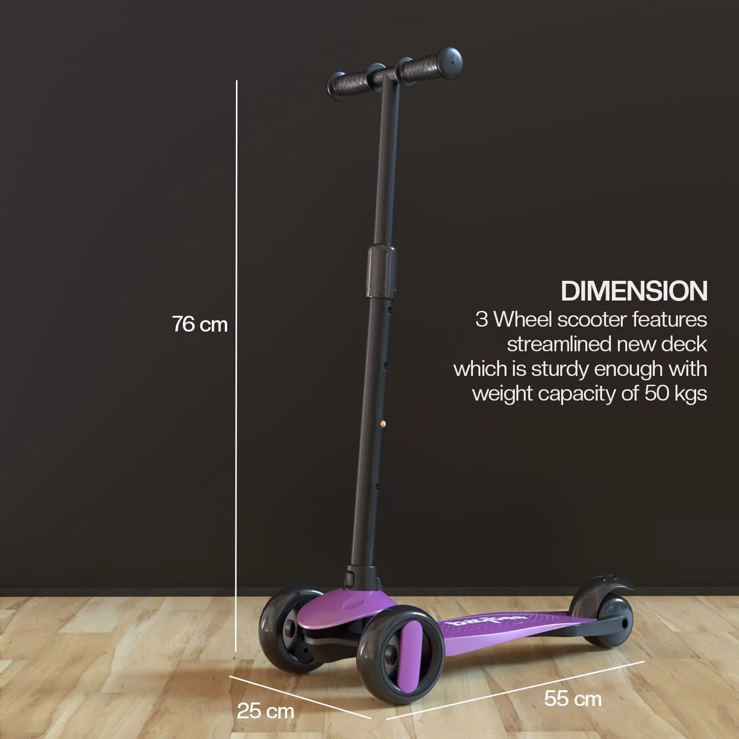 Baybee Alpha Kick Scooter for Kids, Smart 3 Wheel Kids Scooter with 4 Height Adjustable Handle, Runner Scooter with Led PU Wheels & Brake, Skate Scooter for Kids 3 to 10 Years Boys Girls (Violet)