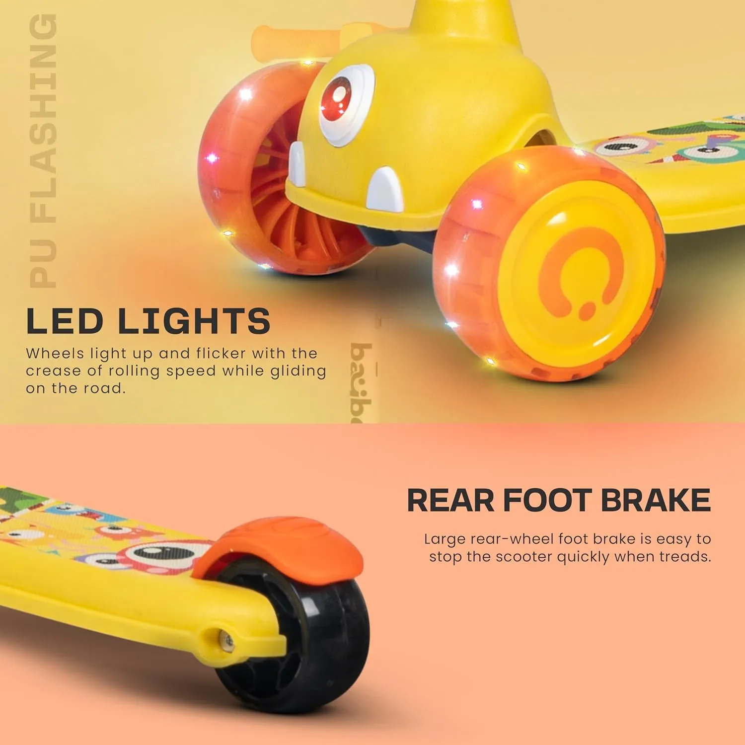 Baybee Maxi Kick Scooter for Kids, 3 Wheel Kids Scooter with 3 Height Adjustable Handle, Skate Scooter with Led PU Wheels & Rear Brake, Runner Scooter for Kids 2 to 10 Years Boys Girls (Yellow)