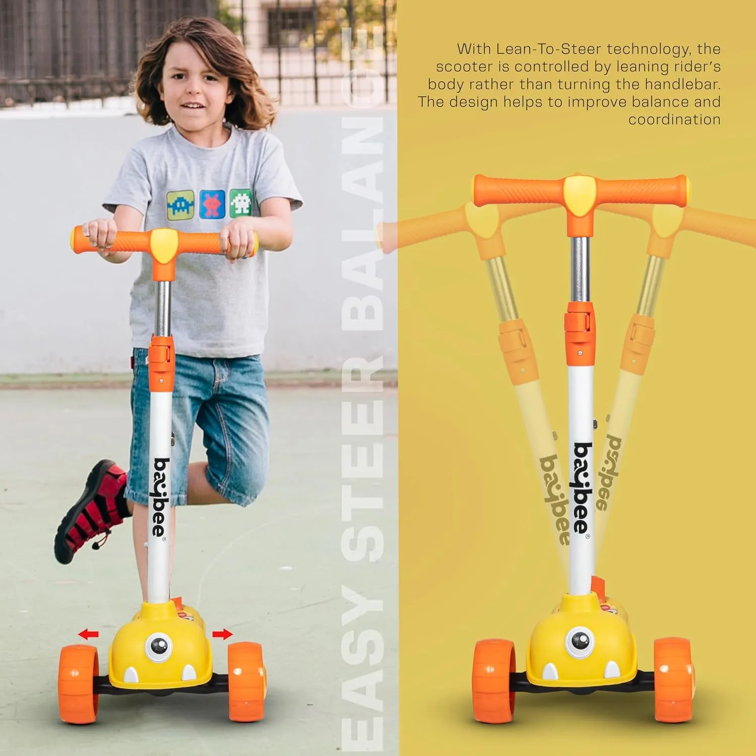 Baybee Maxi Kick Scooter for Kids, 3 Wheel Kids Scooter with 3 Height Adjustable Handle, Skate Scooter with Led PU Wheels & Rear Brake, Runner Scooter for Kids 2 to 10 Years Boys Girls (Yellow)