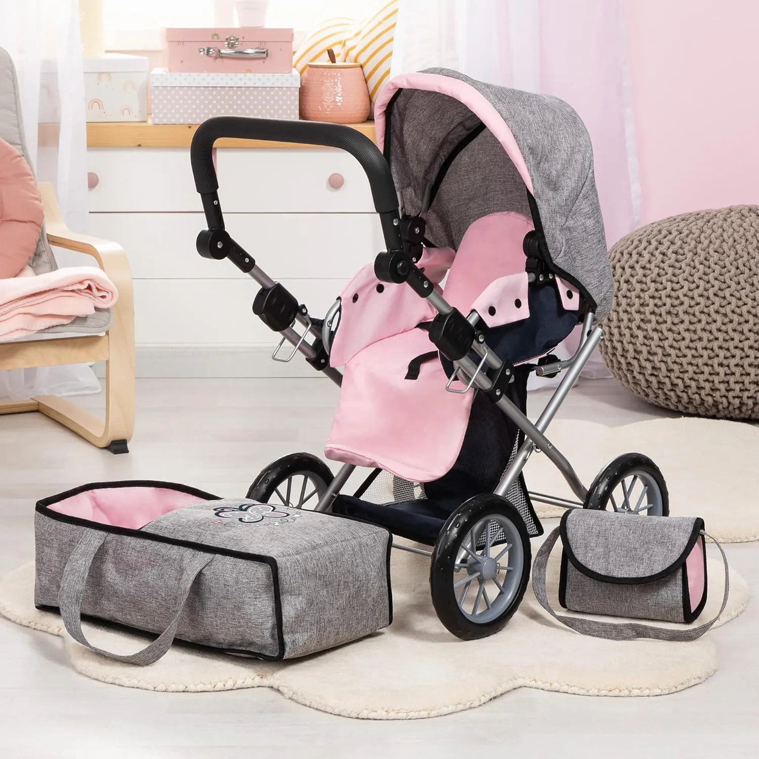 City Star Doll's Pram Bag, Denim Grey and Blue