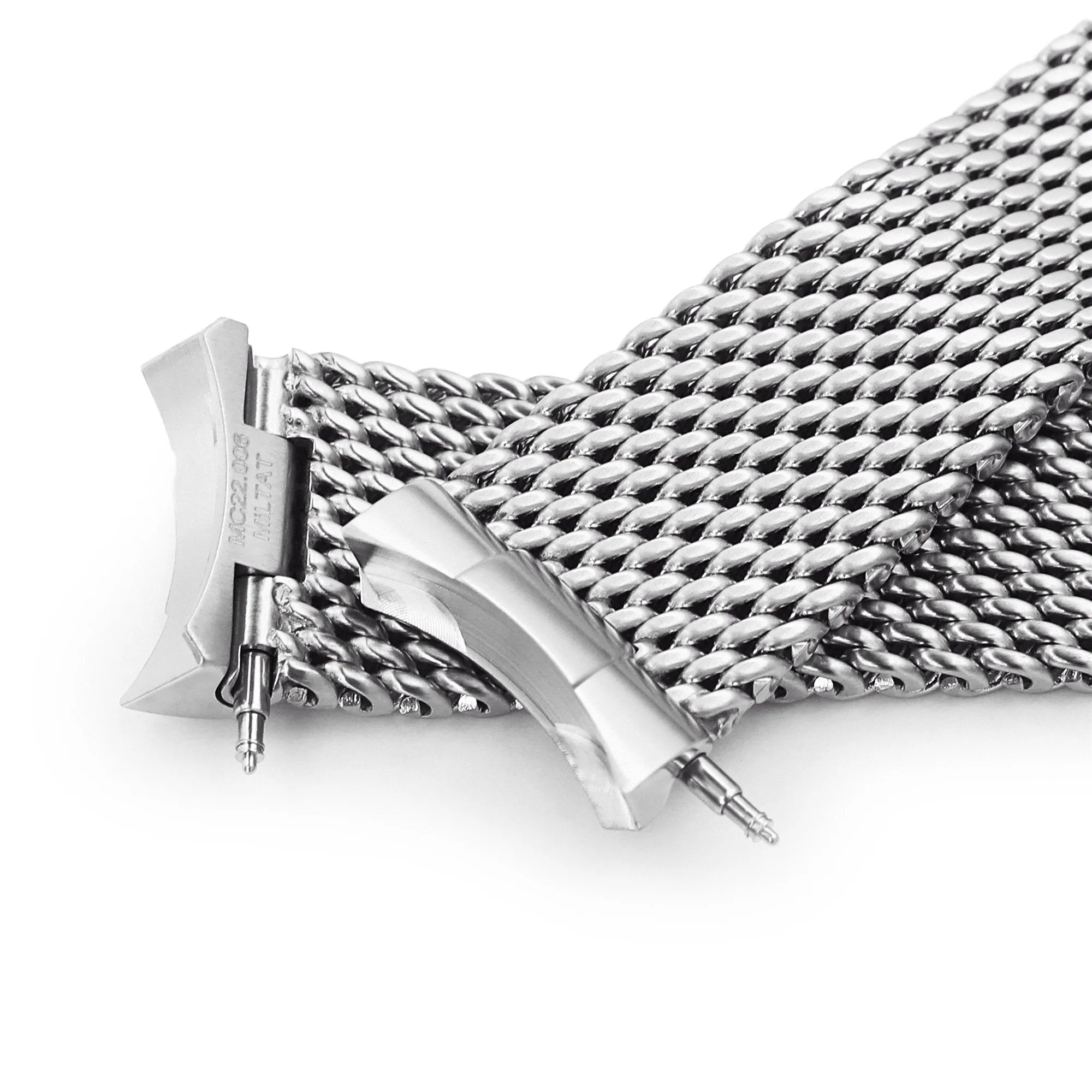 Curved End Massy Mesh Watch Band compatible with Seiko 5 - 5kx, V-Clasp, Brushed