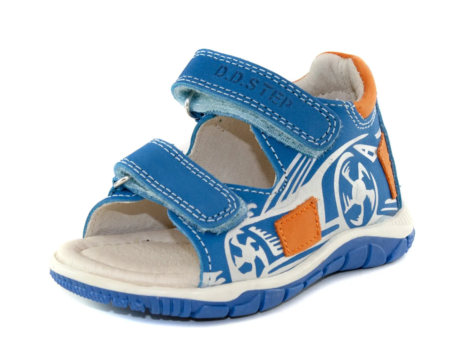 D.D. Step Toddler Double Strap Boy Sandals With Race Car Pattern - Supportive Leather Shoes From Europe - AFO Friendly