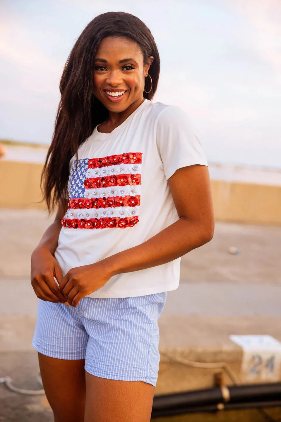 Flower American Flag Tee - White [Queen of Sparkles]