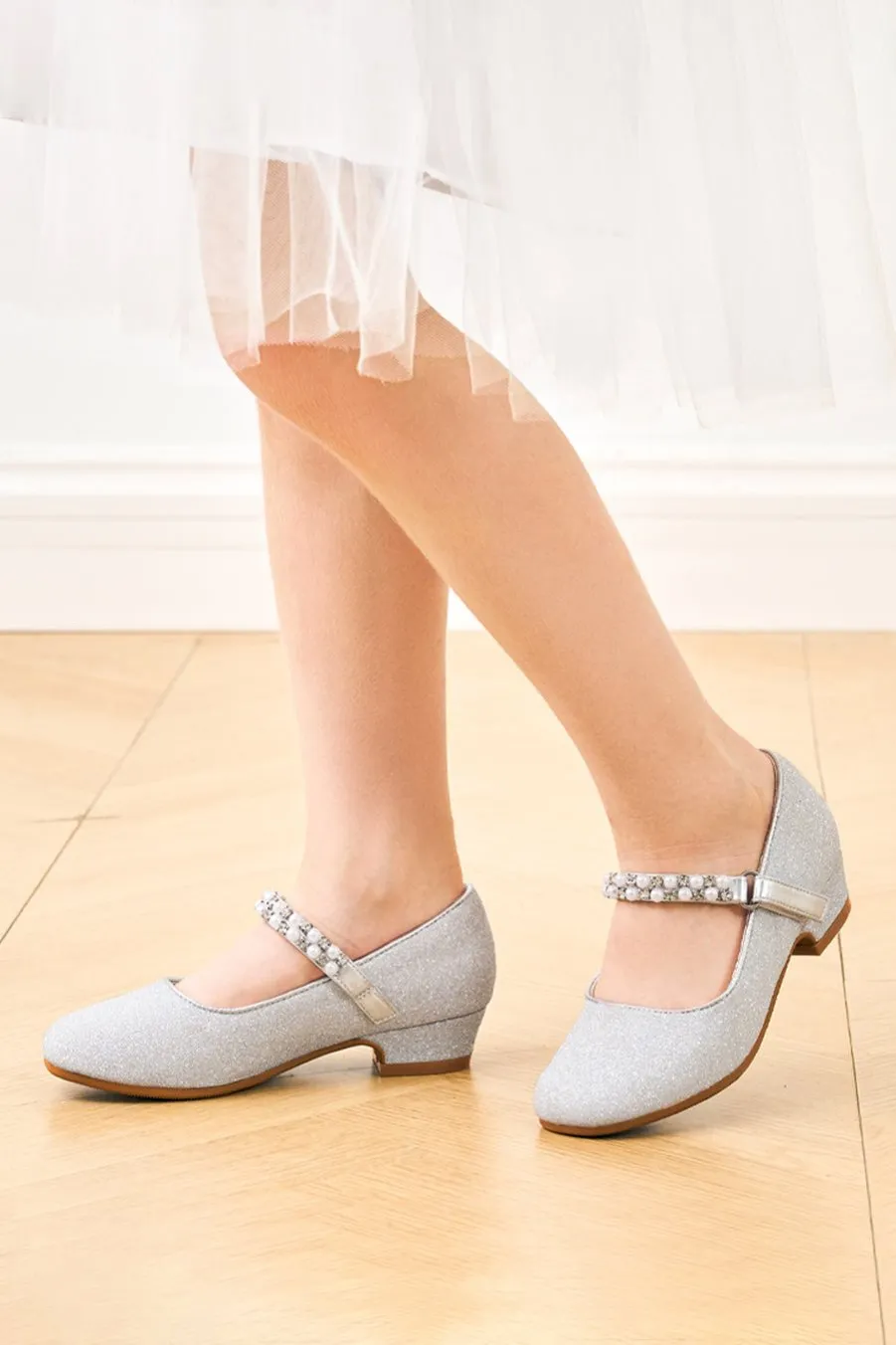 Girls Pearl and diamond strap Low Heel Mary Jane Dress Shoes