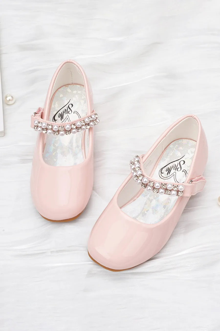 Girls Pearl and diamond strap Low Heel Mary Jane Dress Shoes