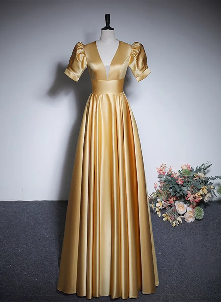 Gold Satin A-line Short Sleeves Floor Length Party Dress, Gold Simple Formal Dress