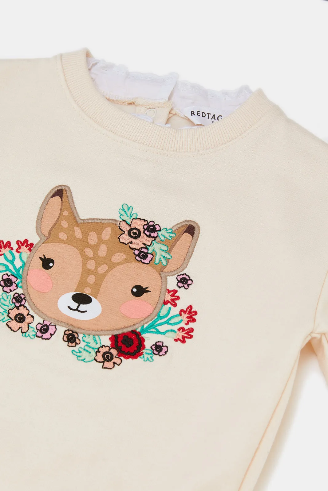 Infant Girls Beige Deer Embroidered Sweatshirt