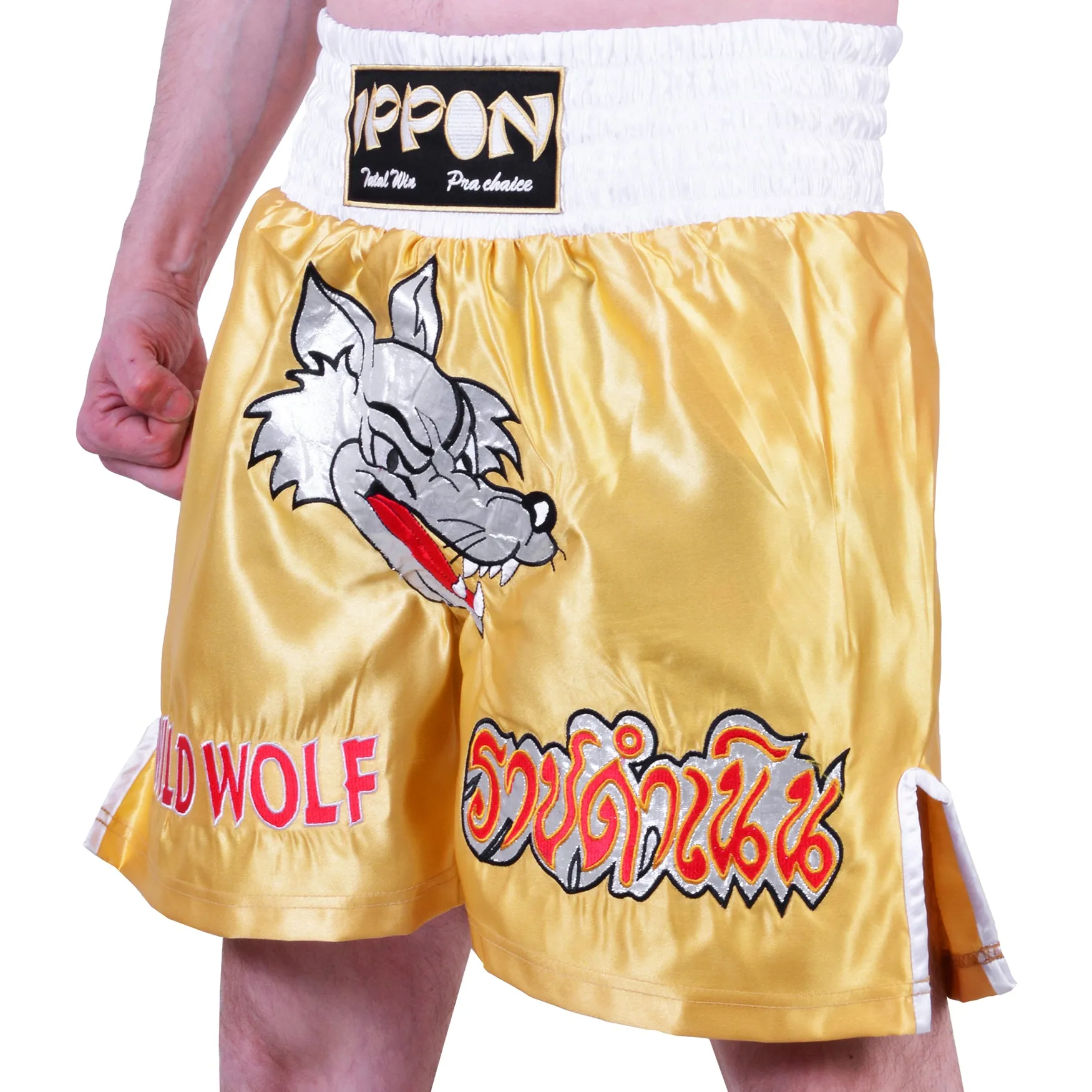 MAR-095I | Gold Kickboxing & K1 Shorts w/ Silver Fox Emblem