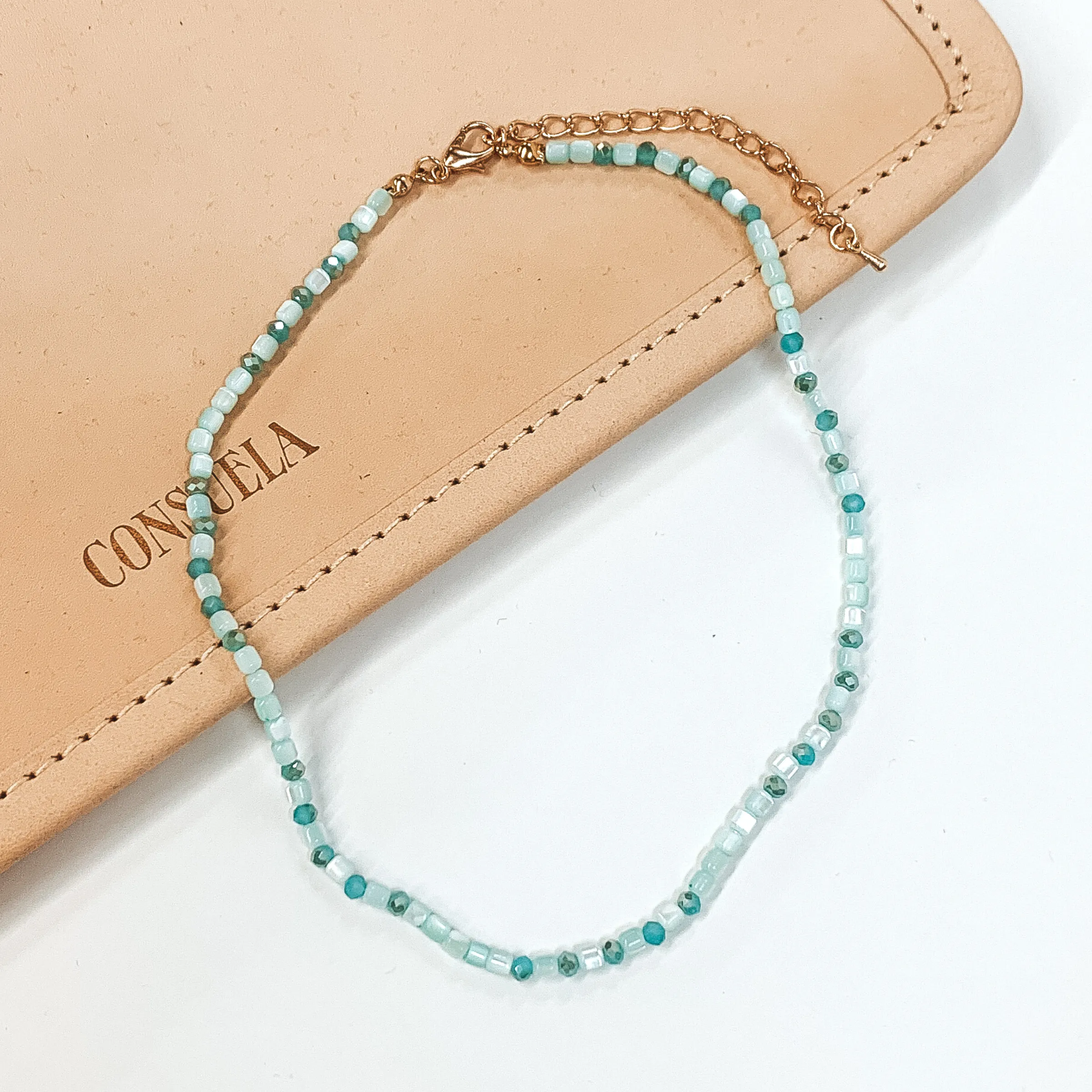 Meet Me On The Beach Mother of Pearl and Crystal Beaded Choker Necklace in Aqua