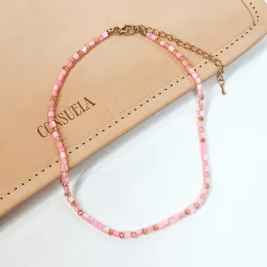 Meet Me On The Beach Mother of Pearl and Crystal Beaded Choker Necklace in Pink