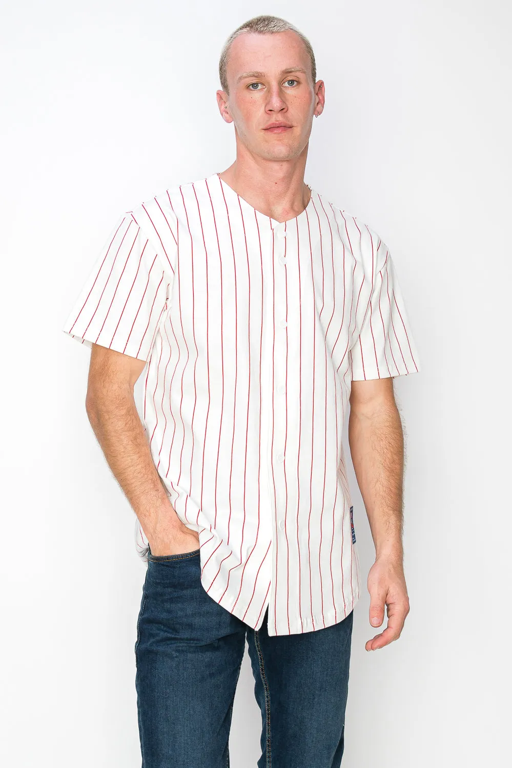 Men's Cotton White Baseball Jersey with Pinstripes