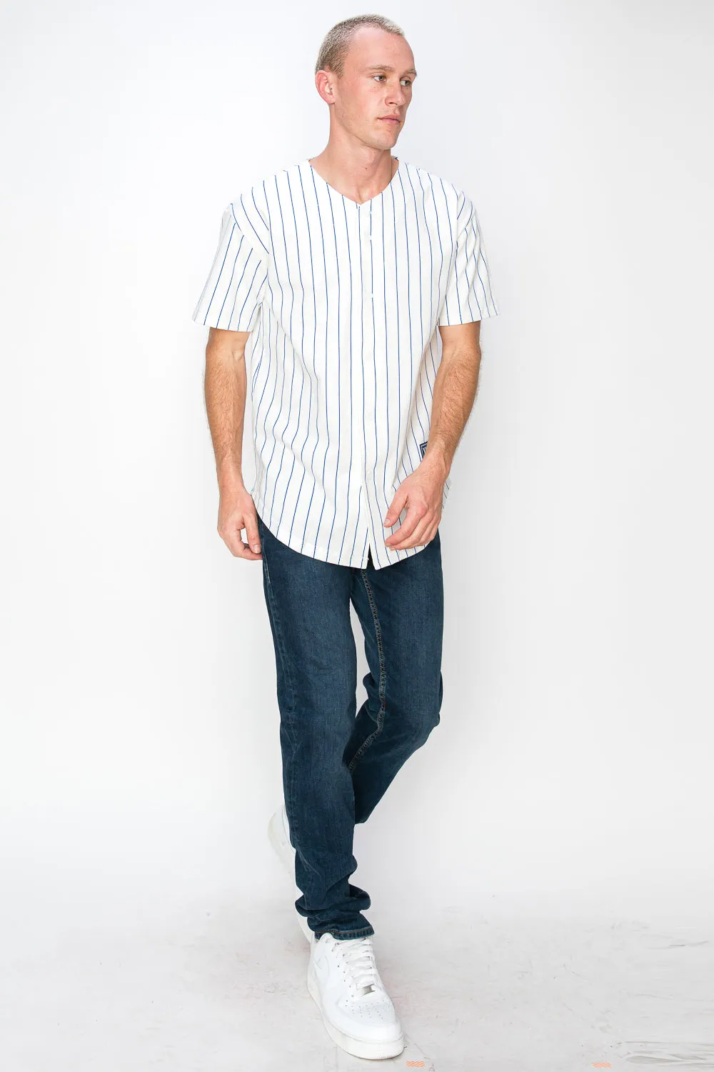 Men's Cotton White Baseball Jersey with Pinstripes