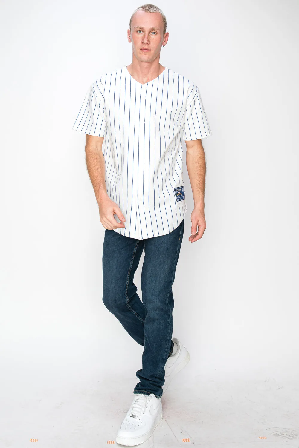 Men's Cotton White Baseball Jersey with Pinstripes