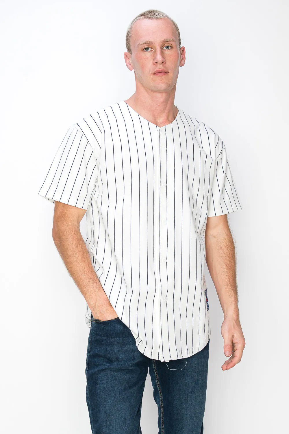 Men's Cotton White Baseball Jersey with Pinstripes