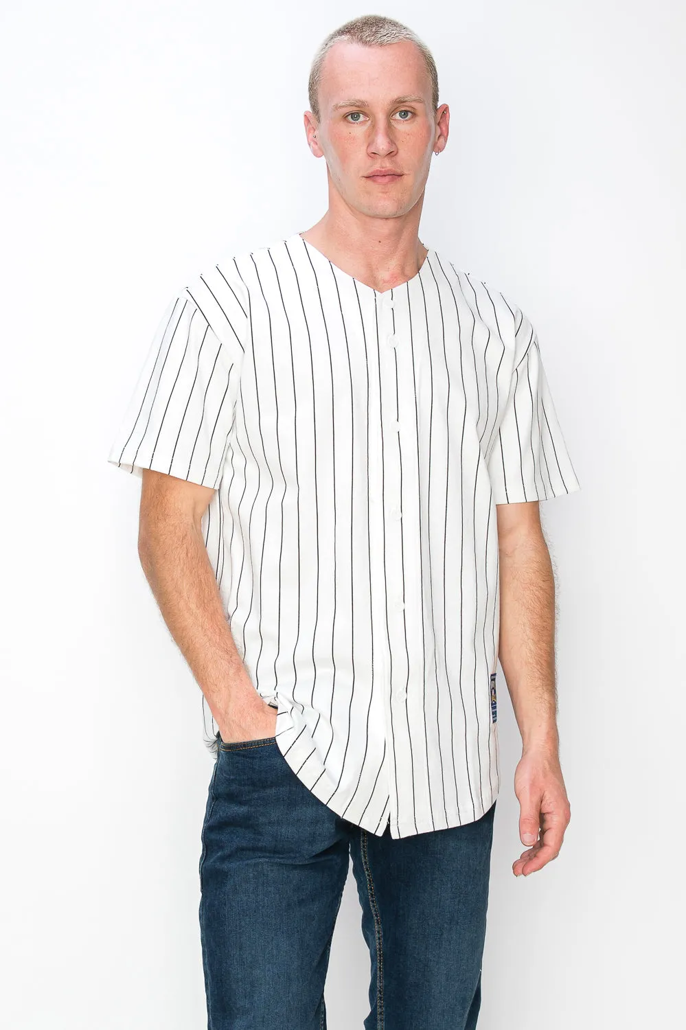 Men's Cotton White Baseball Jersey with Pinstripes