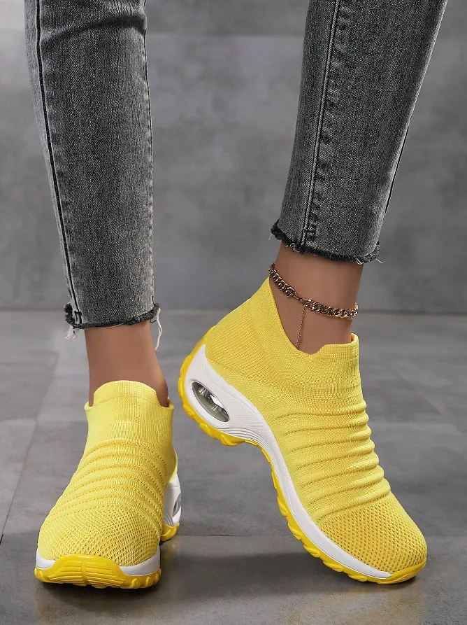 NEW Women's Breathable Braided Sneakers, Air Cushion Sock Slip-on Sneakers, Women's Light Low Top Shoes, Yellow, Sz 10