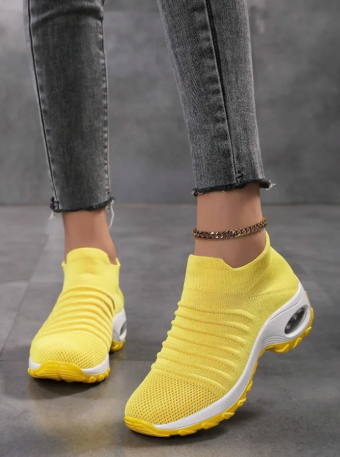 NEW Women's Breathable Braided Sneakers, Air Cushion Sock Slip-on Sneakers, Women's Light Low Top Shoes, Yellow, Sz 10