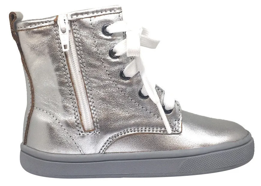 Old Soles Girl's and Boy's 6005 Swag Style Silver High Top Leather Zip Up Stretch Lace Sneaker Boot