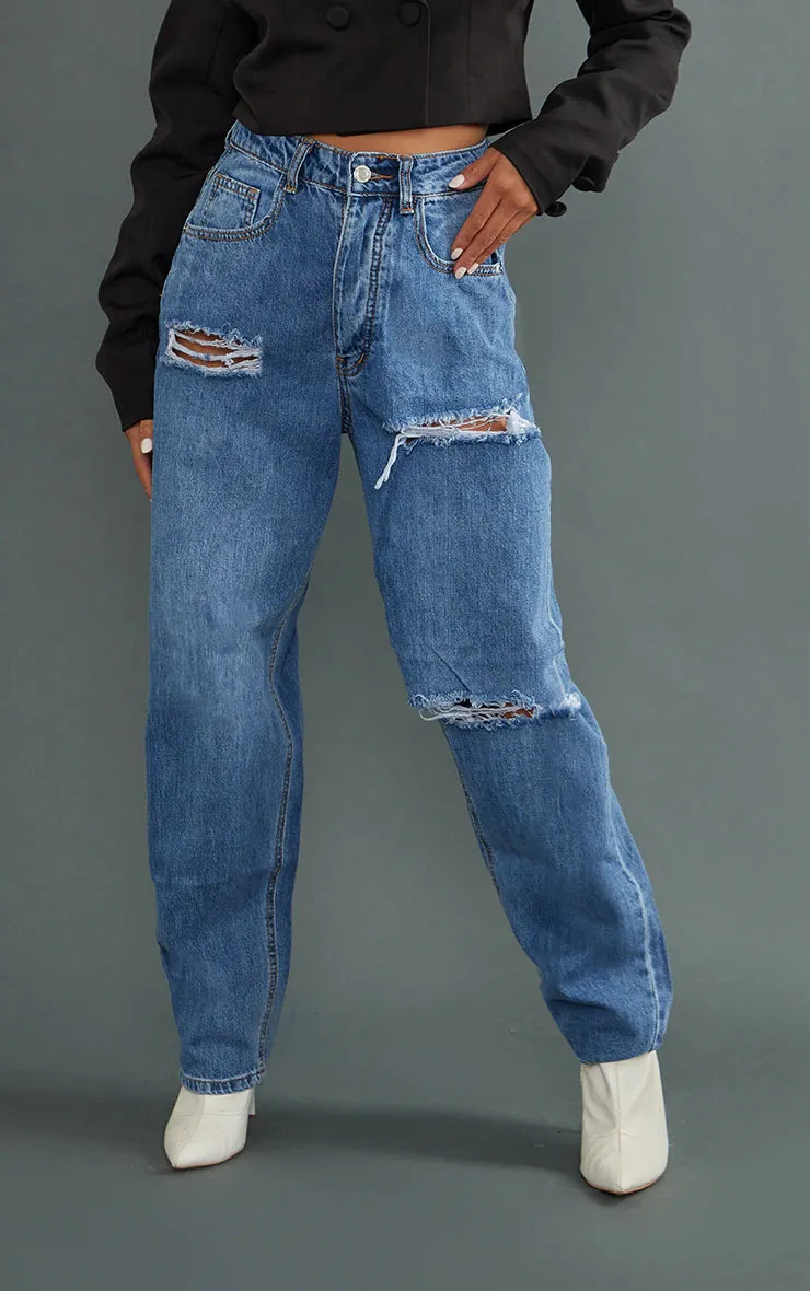 Petite mid blue wash open knee boyfriend jeans in blue