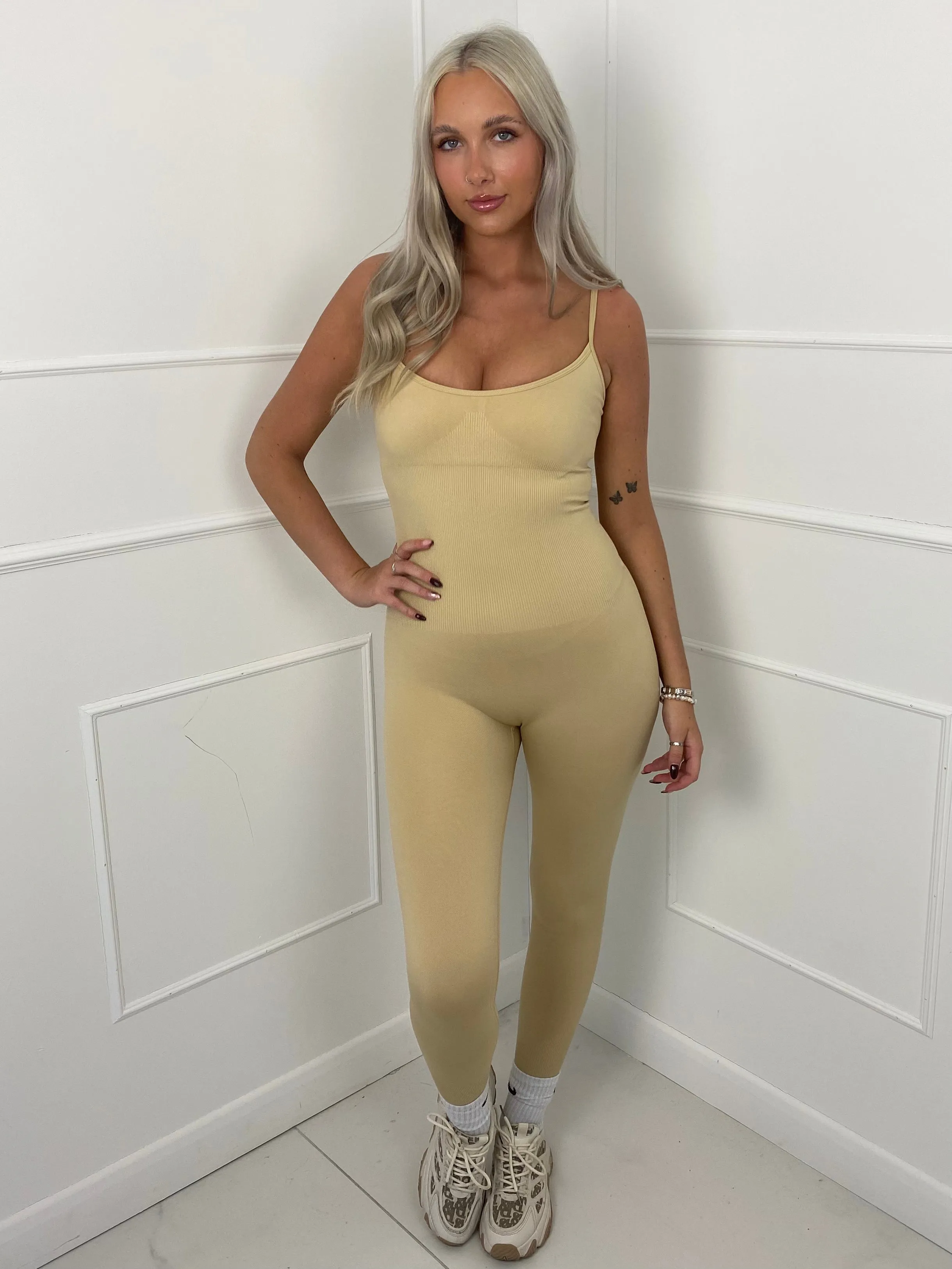 Short sleeve Gym Unitard- Beige