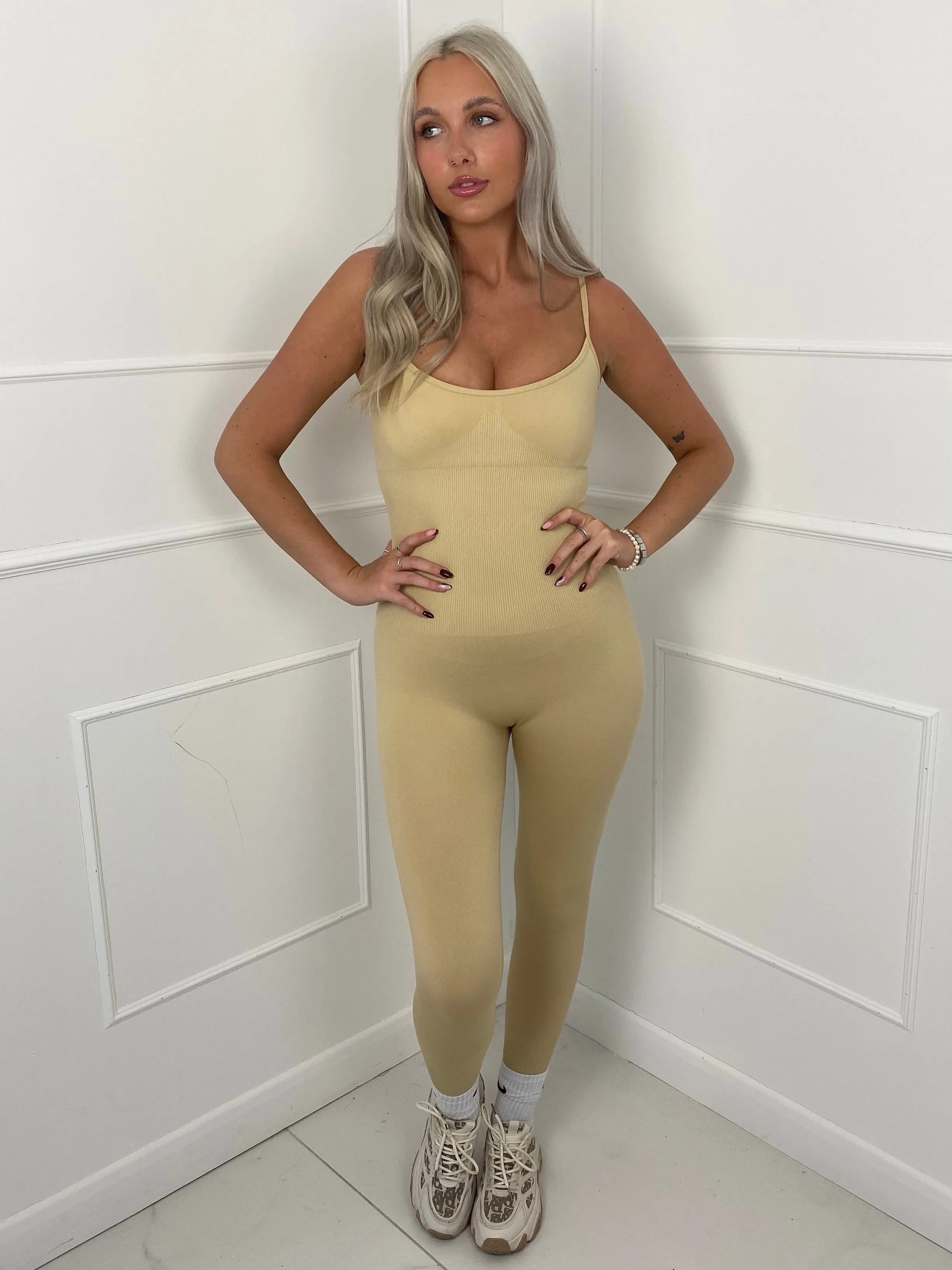 Short sleeve Gym Unitard- Beige