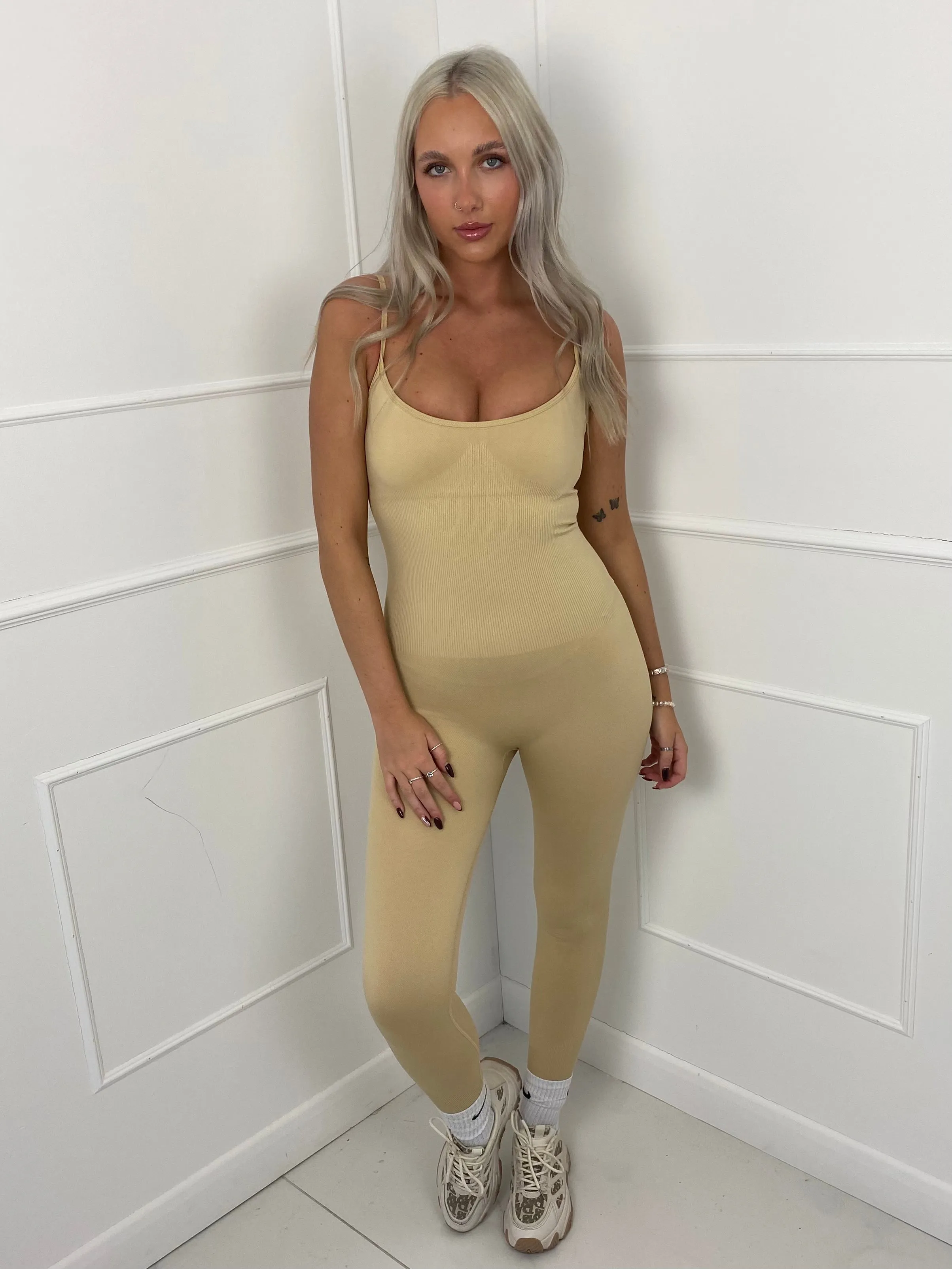 Short sleeve Gym Unitard- Beige