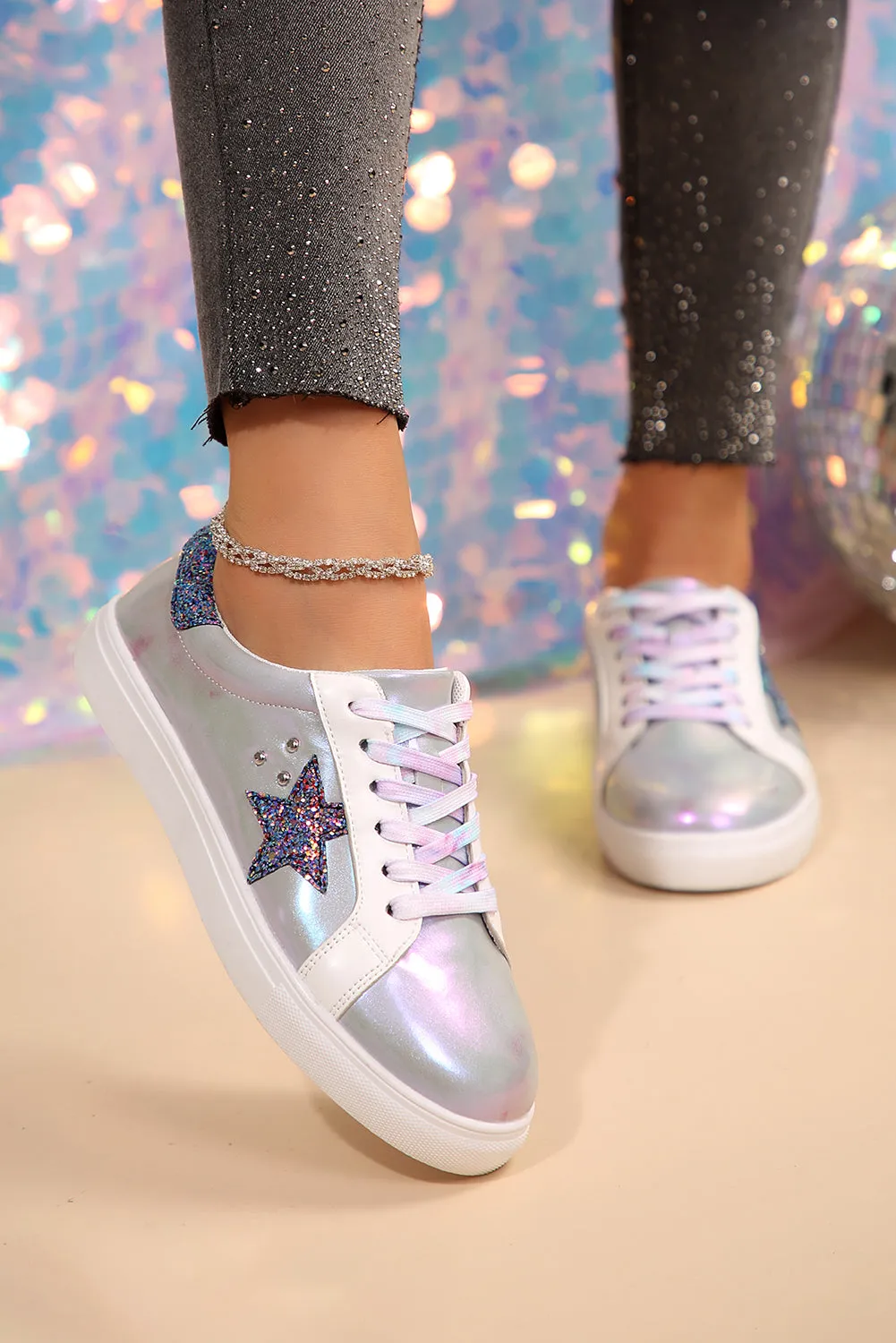 Silvery Star Sequin Patchwork Criss Cross Lace Up Sneakers