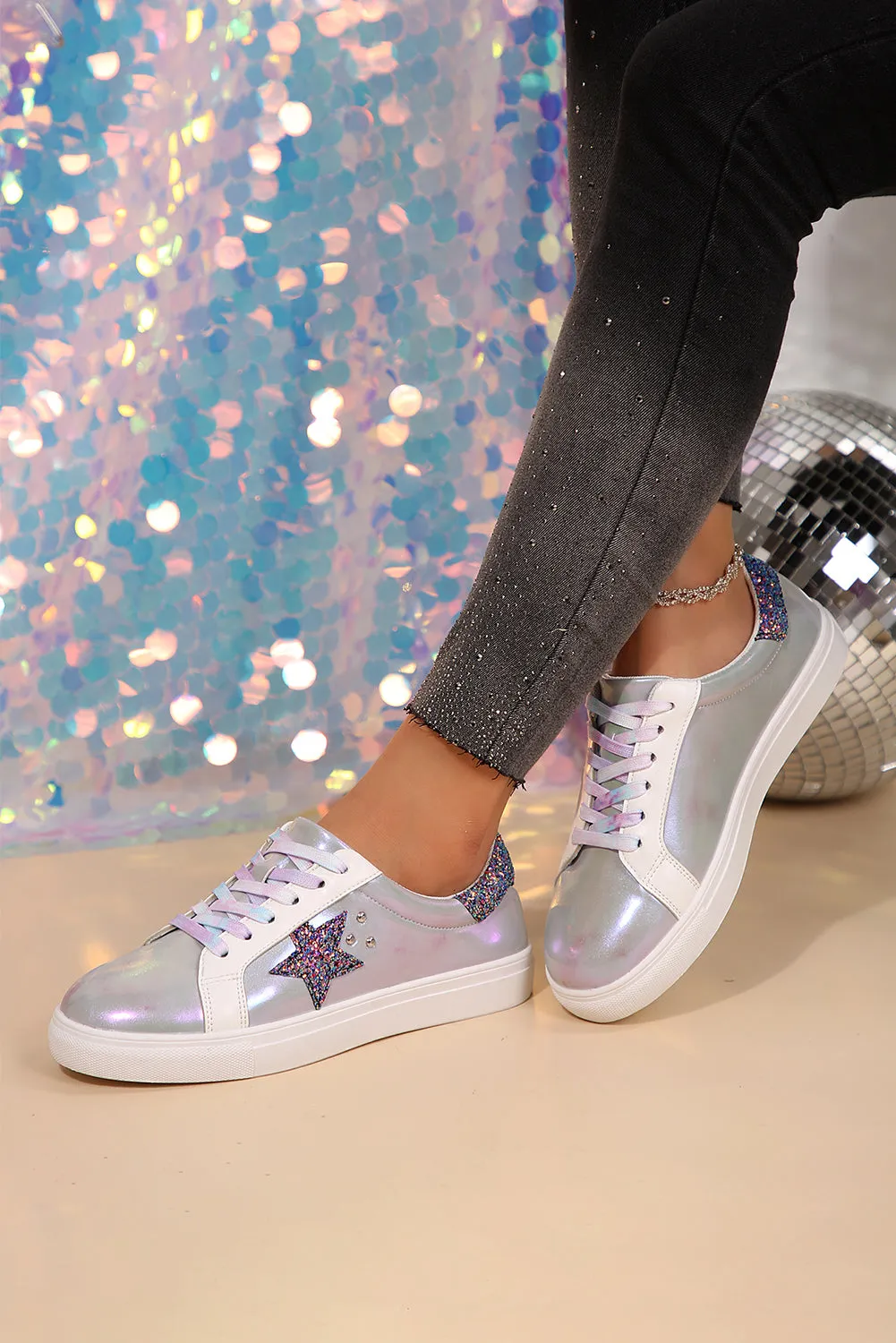 Silvery Star Sequin Patchwork Criss Cross Lace Up Sneakers