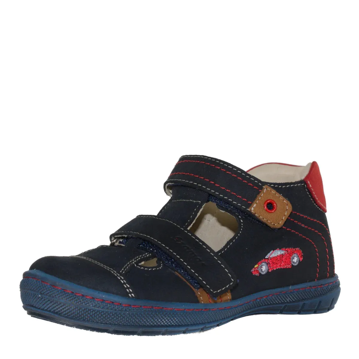 Szamos Kid Boy Sandals In Dark Blue Color And Race Car Pattern With Double Velcro Strap - Made In Europe