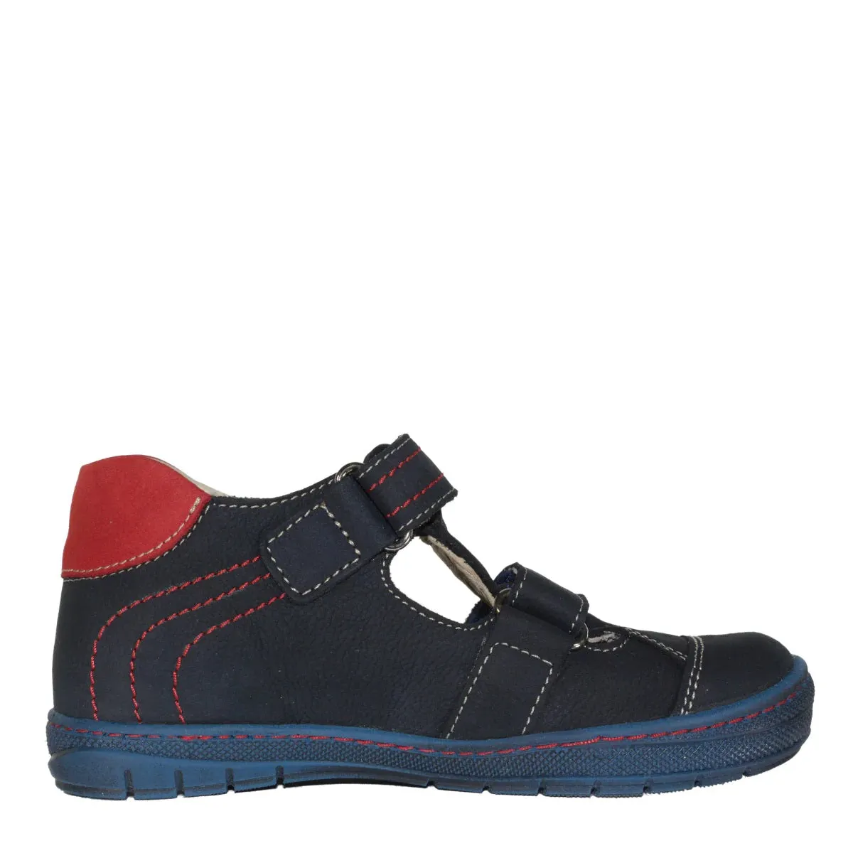 Szamos Kid Boy Sandals In Dark Blue Color And Race Car Pattern With Double Velcro Strap - Made In Europe