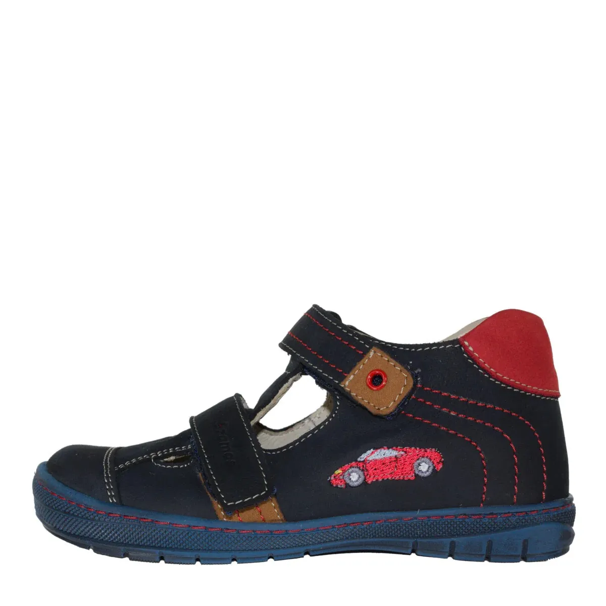 Szamos Kid Boy Sandals In Dark Blue Color And Race Car Pattern With Double Velcro Strap - Made In Europe