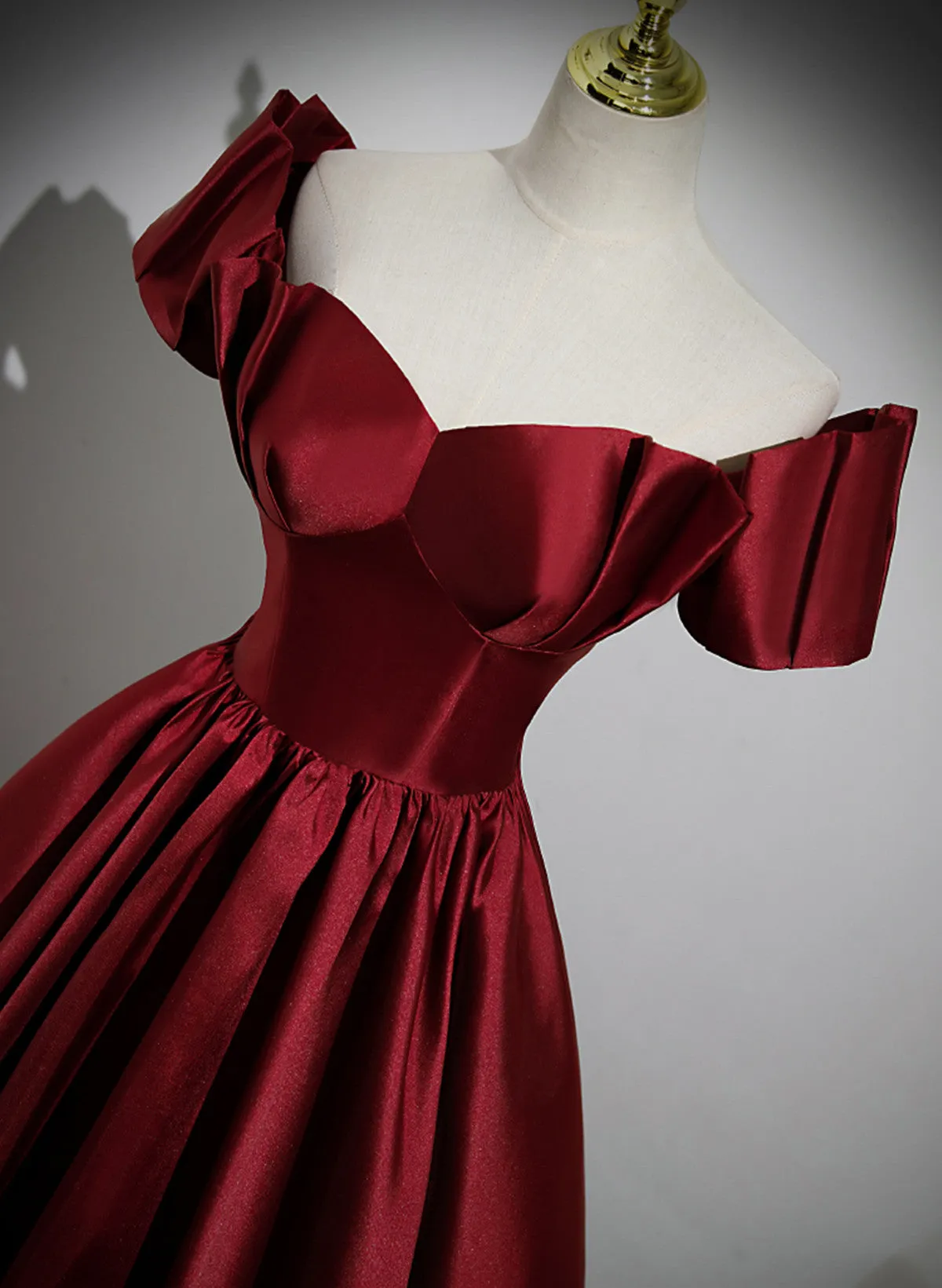 Wine Red Satin Short Sleeves Long Party Dress, Simple Wine Red Satin Prom Dress